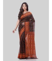 DESH BIDESH Women`s Hirokduti Resham Dhakai jamdani Bengal Pure Cotton Handloom Saree without Blouse Piece(Black Orange)